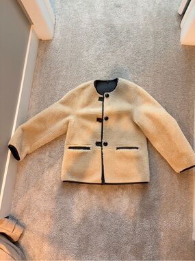Mango Cream Teddy Jacket with Black Trim Accents